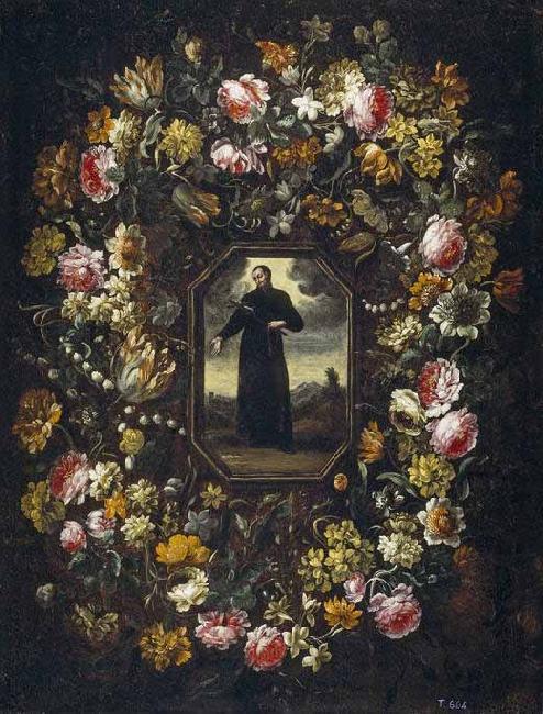 Bartolome Perez Guirnalda de flores con San Francisco de Borja